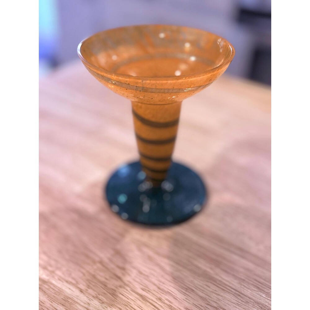 Vtg Czech Hand-Blown Amber & Cobalt Goblet - Studio Glass - Prague, 1994